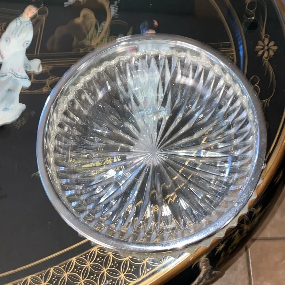 BX46 VINTAGE CRYSTAL Cut Candy Dish BOWL SILVER RIM England stamp